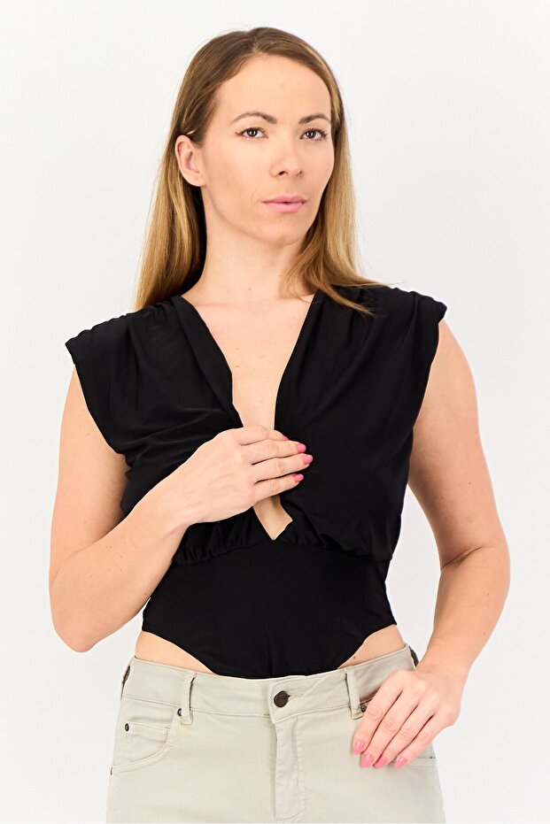 Women Solid Sleeveless Bodysuit, Black - 1