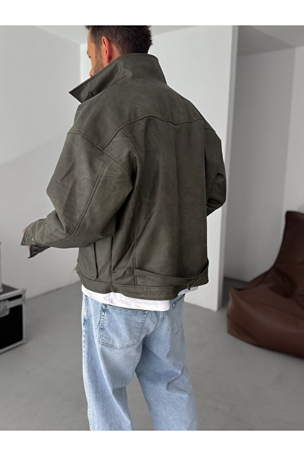 Haki Çift Cepli Efektli Bomber Deri Mont EP-7301 - 5