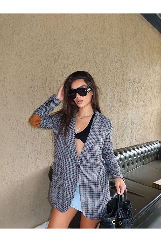 Gri Astarlı Dirsek Detaylı Tek Düğme Kruvaze Blazer Ceket - 1