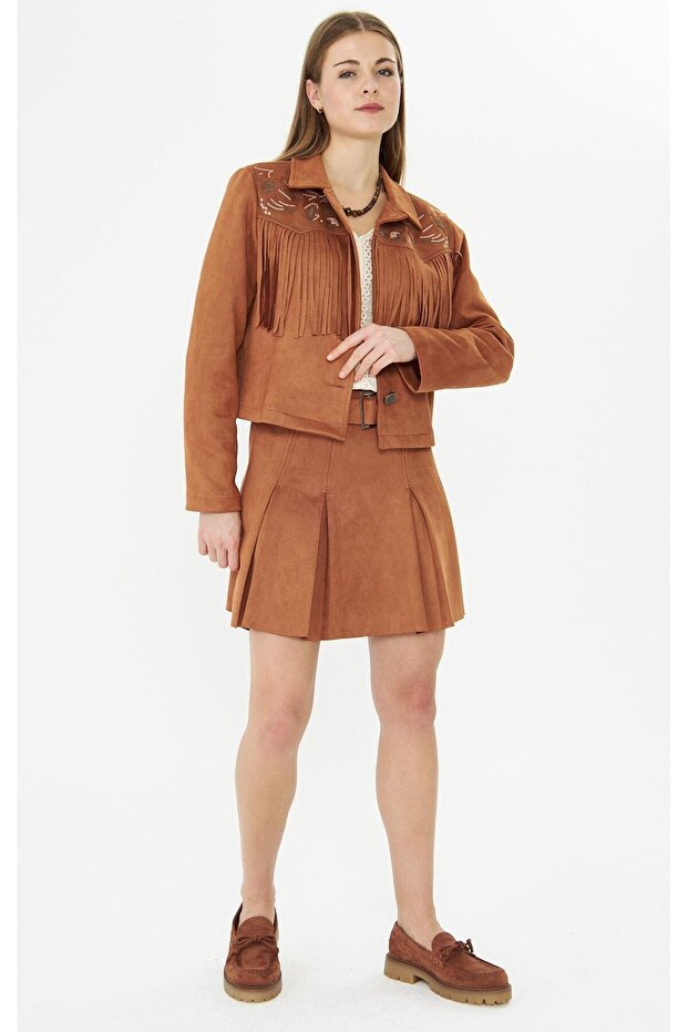 Süet Nakışlı Püsküllü Ceket Taba - 2