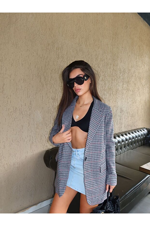 Gri Astarlı Dirsek Detaylı Tek Düğme Kruvaze Blazer Ceket - 4