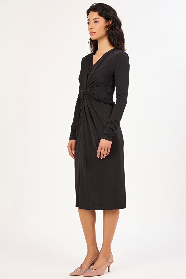 Örgü bant detaylı likralı örme elbise - 4