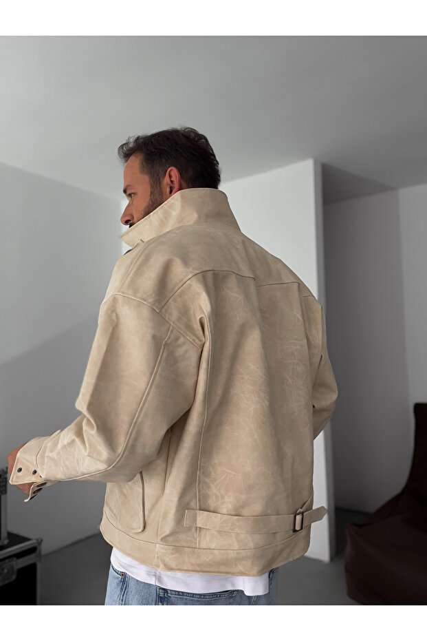 Bej Çift Cepli Efektli Bomber Deri Mont EP-7301 - 4