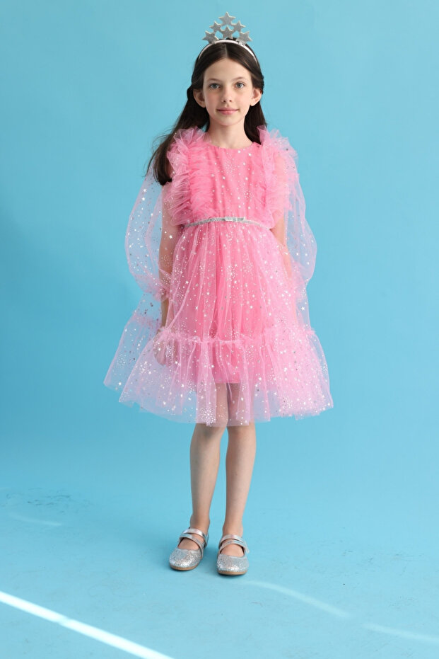Pembe Omzu Fırfır Detaylı Yıldızlı Kız Çocuk Elbise - Stella - 1