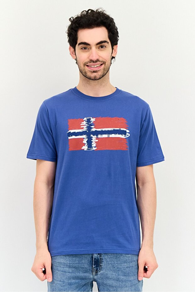 Men Ribbed Collar Short Sleeve Graphic Print T-Shirt, Dark Blue