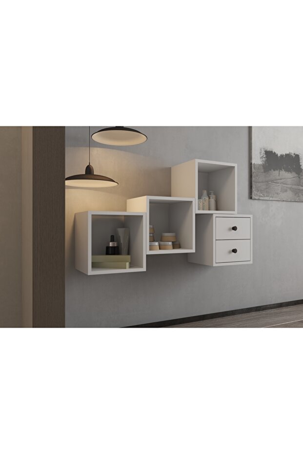 Modüler Duvar Tipi Çok Amaçlı Dolap & Raf Seti – banyo, antre, oturma– Beyaz-PNR-ÇA-D-1008 - 1