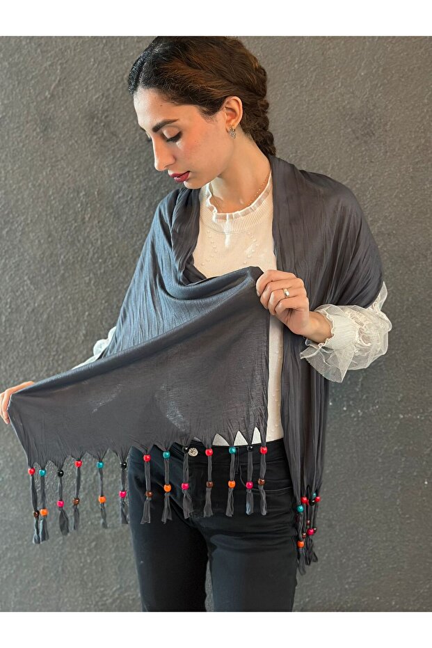 160X40 cm Combed Cotton Beaded Design Women's Shawl
