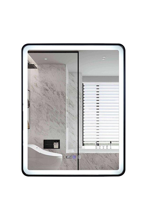 LED Mirror with Touch, 70 X 90 Cm, with Defog Function and Clock, Matte Black Frame, J39, - 7