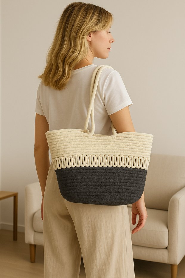 Rope Weave Straw Eco-Friendly Stylish Double Color Large Size Beach Bag Women's Hand and Shoulder Bag