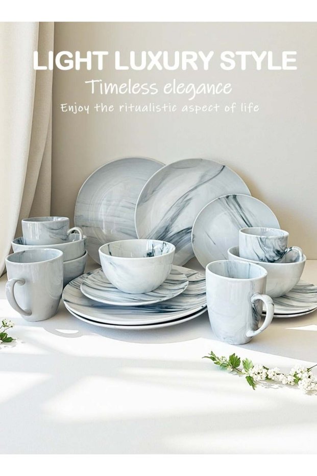 16-Piece Porcelain Dinner Set, Plates, Cups, Bowls Serves 4 Marble white and blue mixed colo