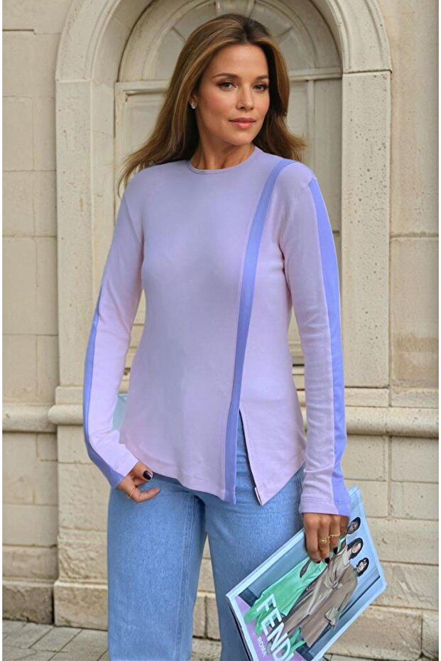 Women's Long Sleeve Round Neck Slit Asymmetrical Blouse 700-3586198