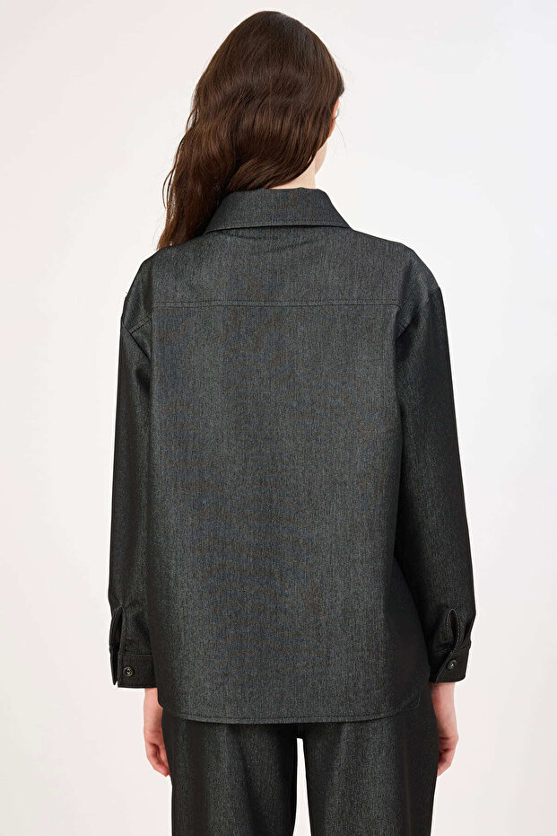 Taş işlemeli jean gömlek - 4