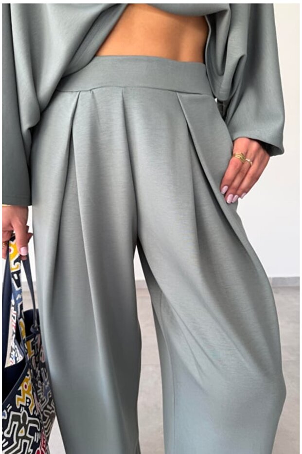 Yarasa Kol Crop Modal Bluz - Ön Pileli Şalvar Takım - 6