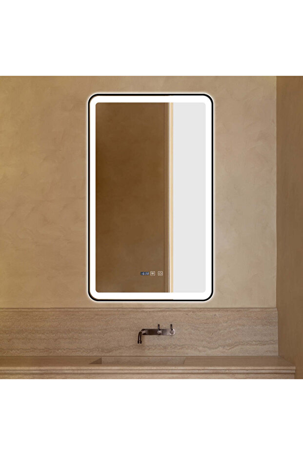 LED Mirror with Touch, 60 X 100 Cm, with Defog Function and Clock, Matte Black Frame, J38, - 6
