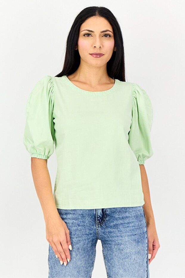 Women Round Neck Short Sleeve Solid Top, Mint Green