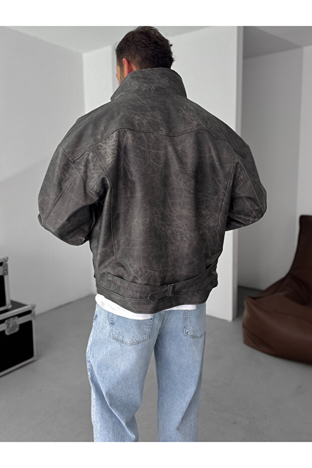 Siyah Çift Cepli Efektli Bomber Deri Mont EP-7301 - 6