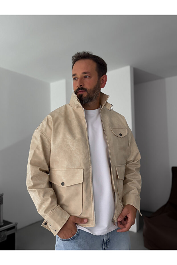 Bej Çift Cepli Efektli Bomber Deri Mont EP-7301 - 2