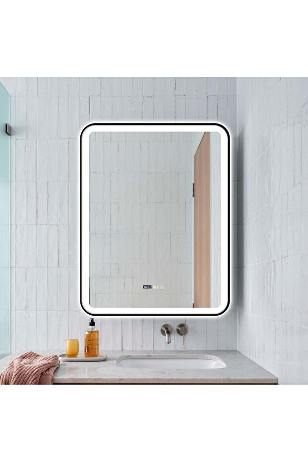 LED Mirror with Touch, 70 X 90 Cm, with Defog Function and Clock, Matte Black Frame, J39, - 3