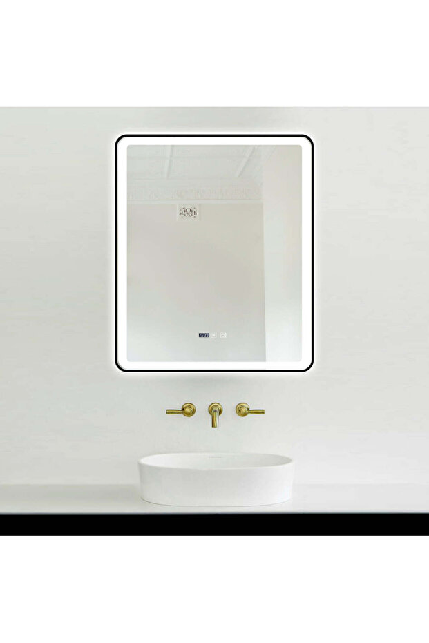 LED Mirror with Touch, 75 X 90 Cm, with Defog Function and Clock, Matte Black Frame, J37, - 7
