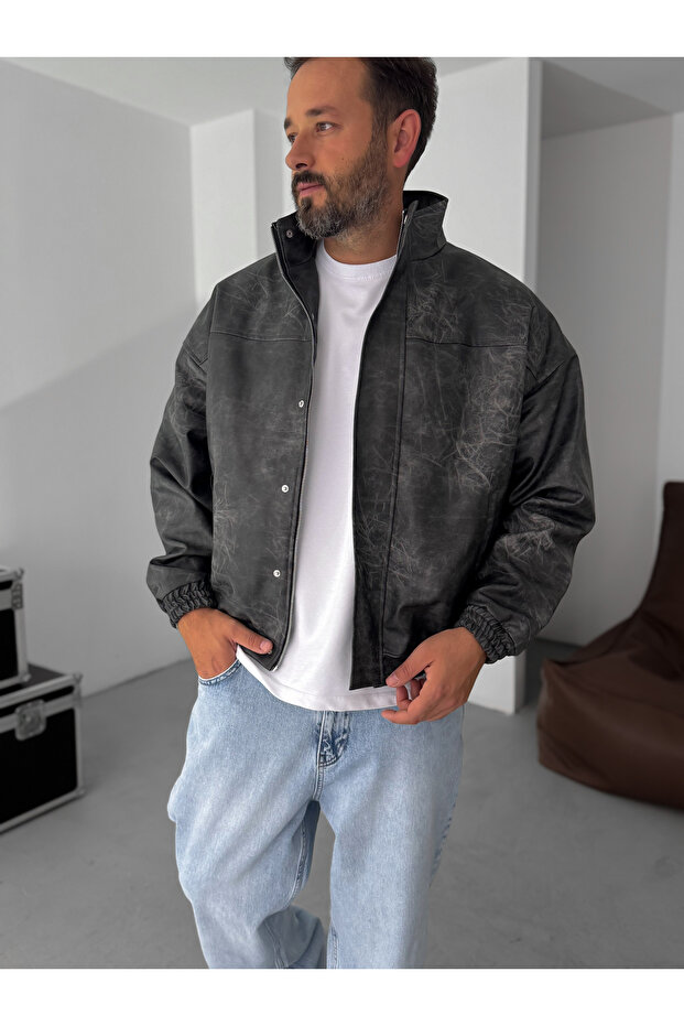 معطف جلد بومبر أسود اللون EP-7321 - 1