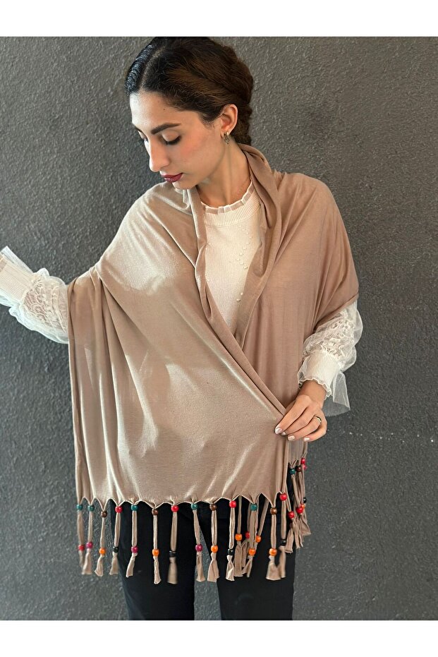 160X40 cm Combed Cotton Beaded Design Women's Shawl