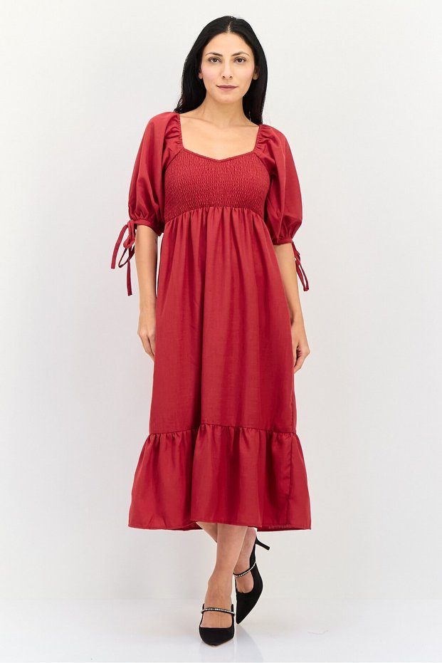 Women Shirred Midi Dress, Red