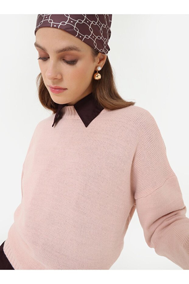 Bisiklet Yaka Basic Triko Kazak - Pudra - - 2