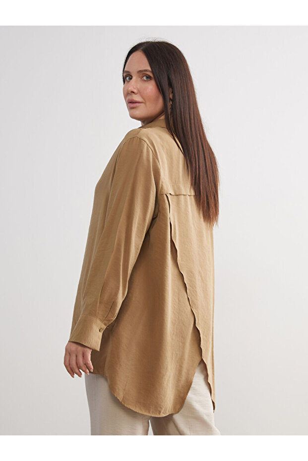 Brown Slit Detailed Women's Shirt Tunic from Plus-Store