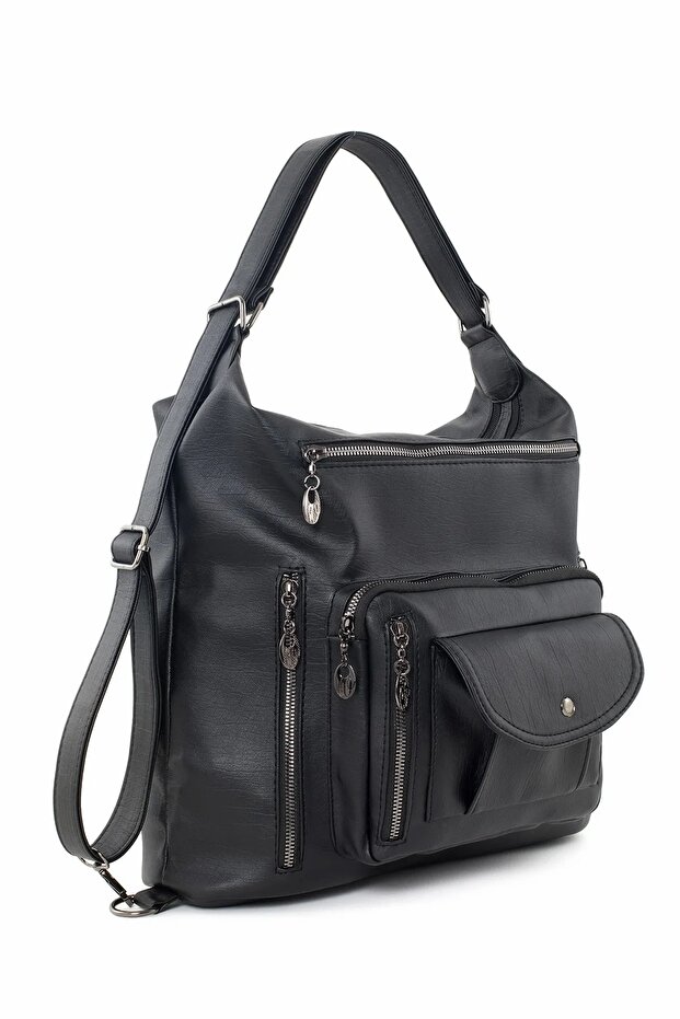 Women's Black Soft Washed Leather Shoulder Backpack Crossbody Bag