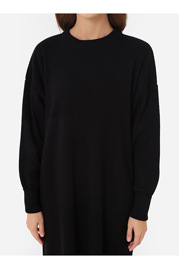 Basic Rahat Kalıp Triko Tesettür Elbise - Siyah - - 3