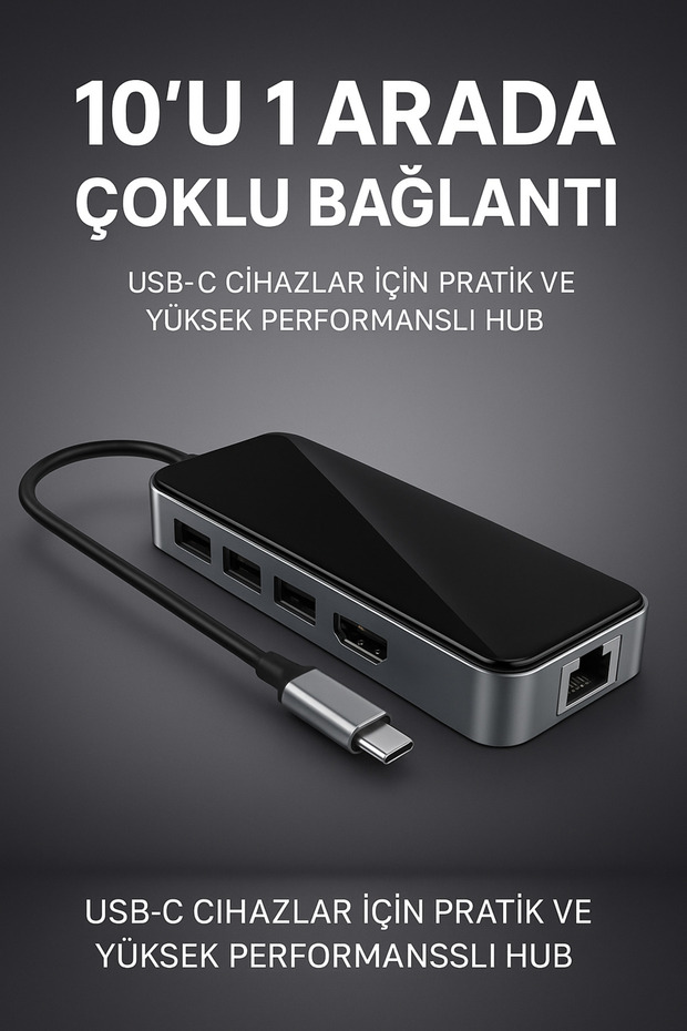 Type-C Hub - 10in1 Çoklu Adaptör, 4K HDMI, RJ45, 5Gbps USB 3.0, SD/TF, 55W PD Şarj Destekli | HC76 - 1