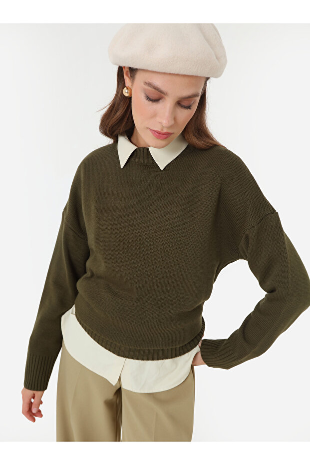 Bisiklet Yaka Basic Triko Kazak - Açık Haki - - 1