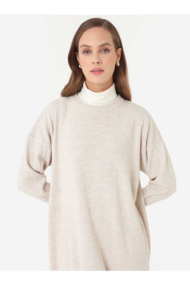 Basic Rahat Kalıp Triko Tesettür Elbise - Krem - - 3