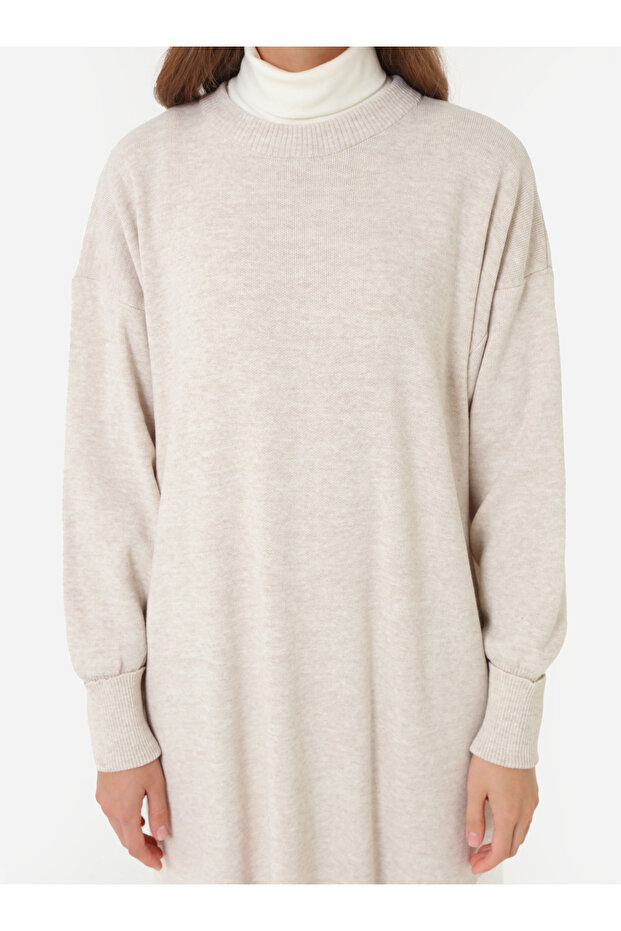 Basic Rahat Kalıp Triko Tesettür Elbise - Krem - - 4