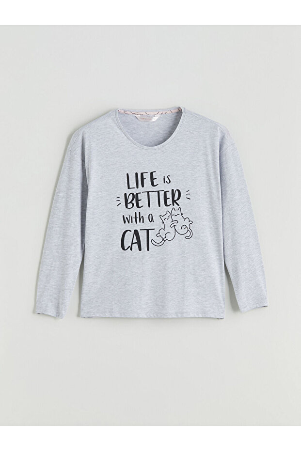 Bisiklet Yaka Baskılı Kadın Pijama Üstü - 1