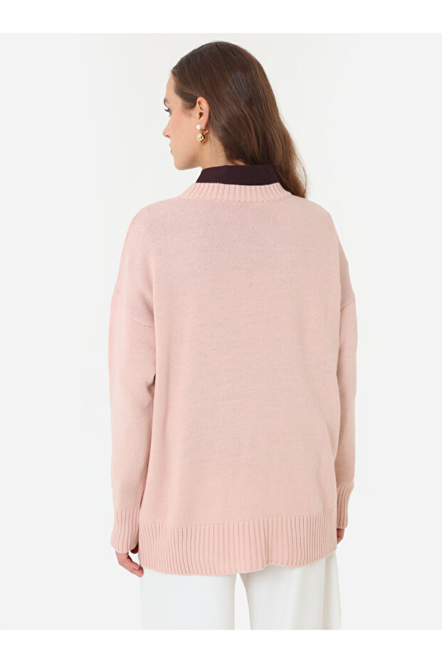 Bisiklet Yaka Basic Triko Kazak - Pudra - - 5