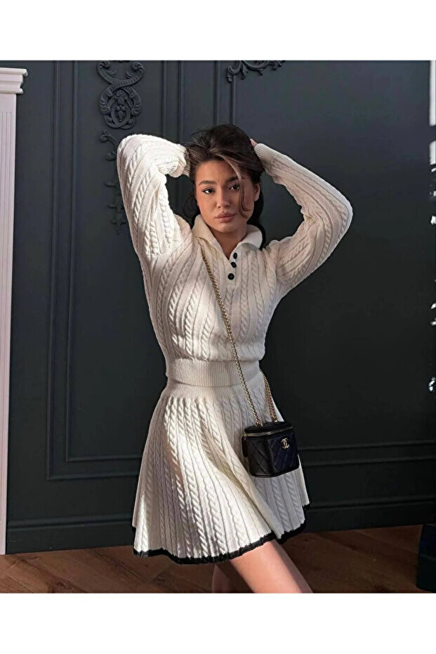 Women's White Polo Neck Stripe Detailed Skirt Sweater Two-Piece Set
