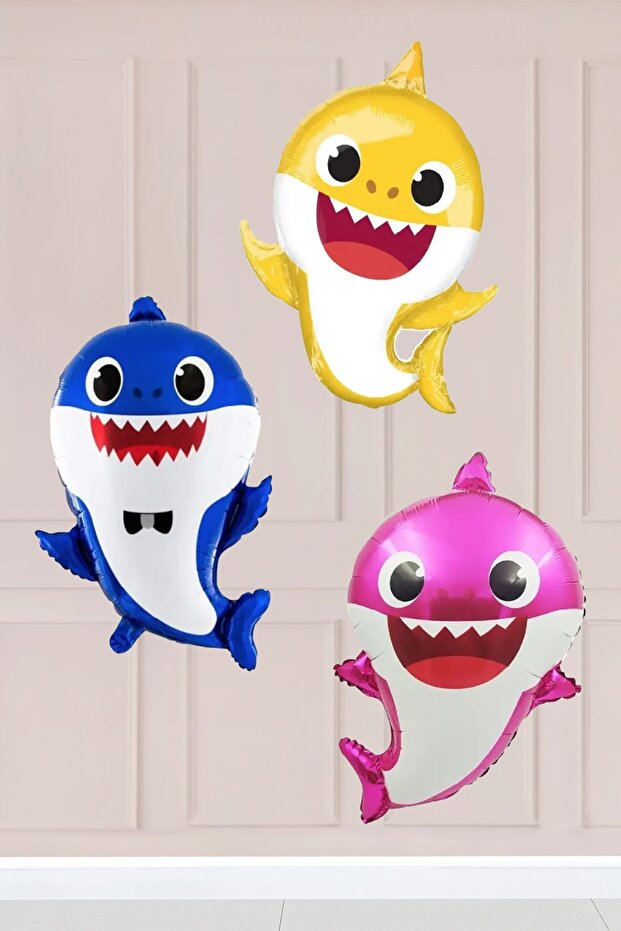 3-Piece Baby Shark Foil Balloon Pack Yellow Blue Pink Baby Shark Balloons