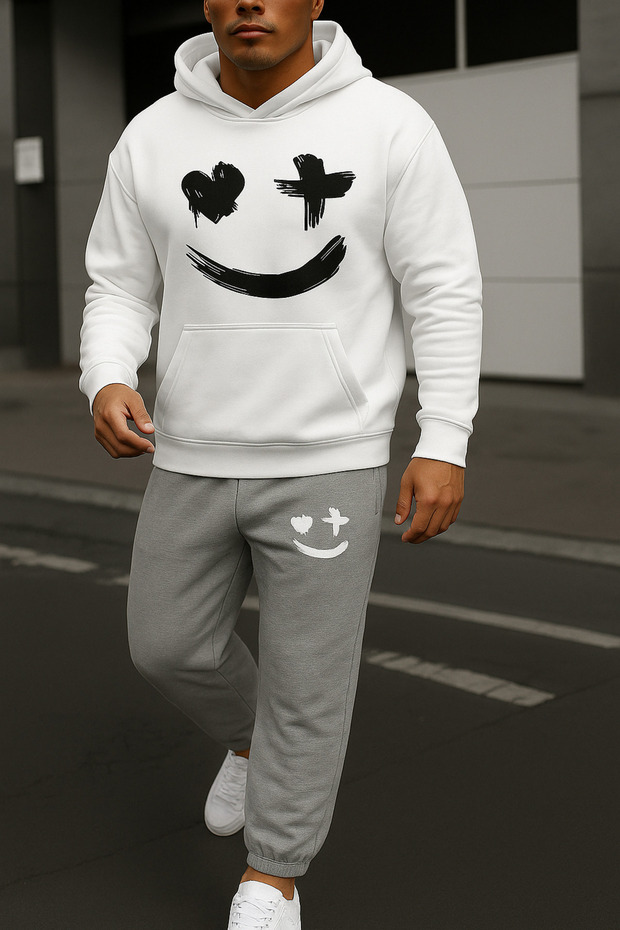 Emoji Printed Men's Hooded Bottom Top Set Oversize Tracksuit Set Kangaroo Pocket