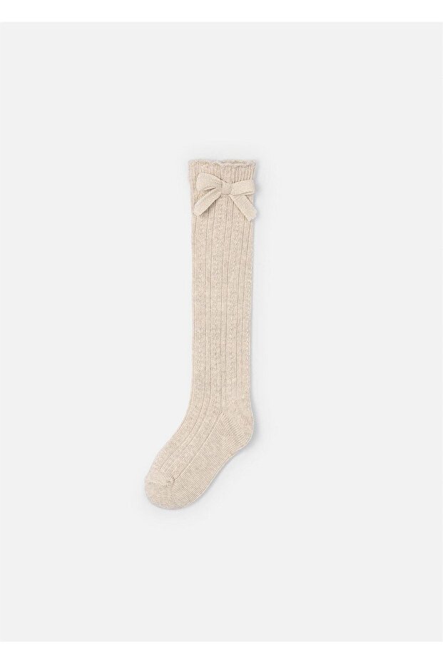 Girl's Ribbon Long Socks Beige 10055