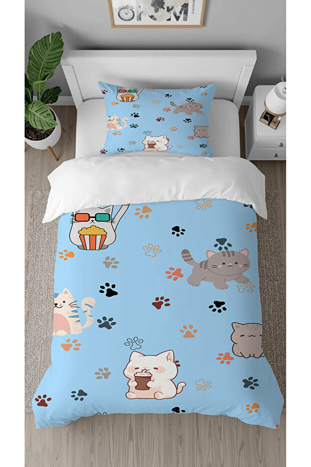 Sweet Cats Patterned Digital Printed Special Design Single Stylish Children's Duvet Cover Set Without Sheets