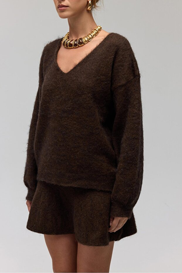 Zerium Basic V Yaka Kahve Triko Kazak - 4