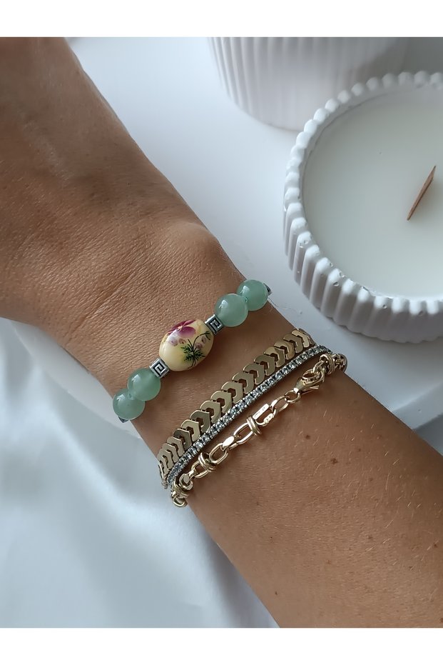 Green Porcelain Flower Beads Agate Quartz Natural Stone Women Bracelet Adjustable
