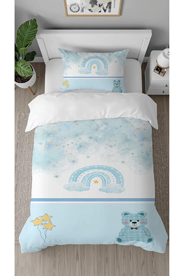 Rainbow Teddy Bear Stars Patterned Digital Printed Single Children's Stylish Duvet Cover Set Without Sheets