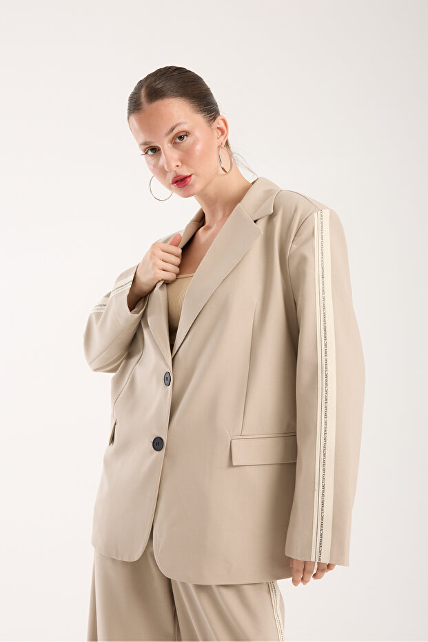 Beige Striped Detail Jacket Suit