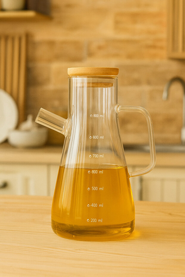 Yüksek Kalite Bambu Kapaklı 900ml Borosilikat Cam Yağlık - 2