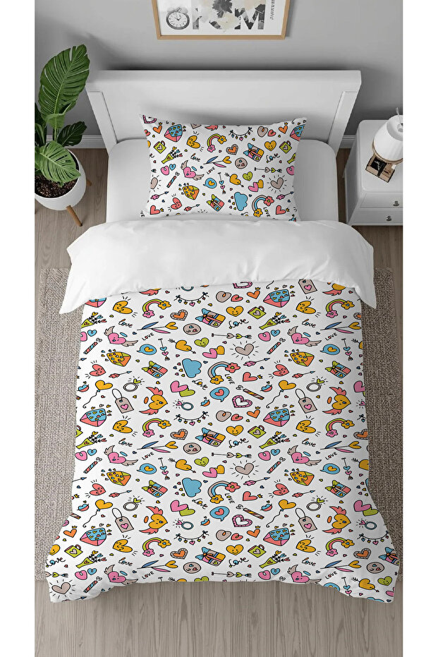 Rainbow Heart Message Patterned Digital Printed Single Children's Stylish Duvet Cover Set Without Sheets