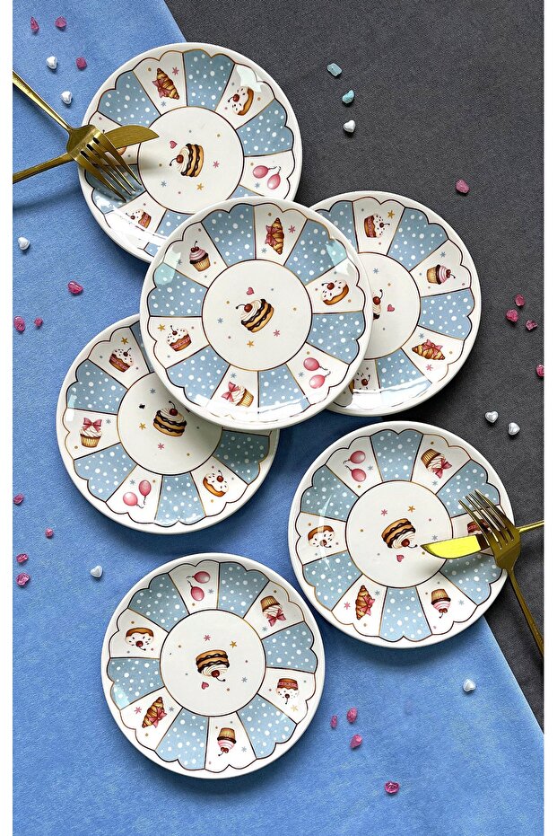 CUPCAKE MAVİ 6 PARÇA LÜX TATLI TABAĞI SETİ - 1