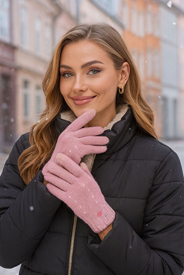 Pink Patterned Knitwear Women's Gloves