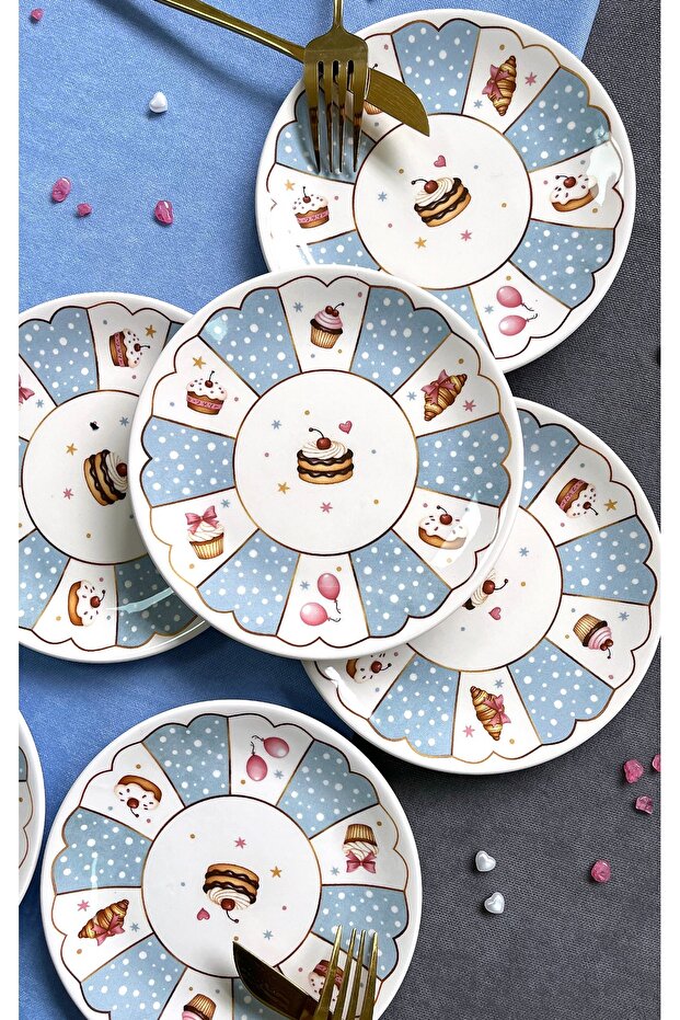 CUPCAKE MAVİ 6 PARÇA LÜX TATLI TABAĞI SETİ - 3